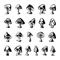 Set of different mushroom icon silhouettes isolated on a white background Vector illustration. 