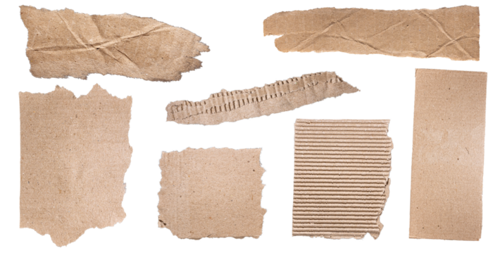Set of torn brown cardboard pieces isolated on transparent background