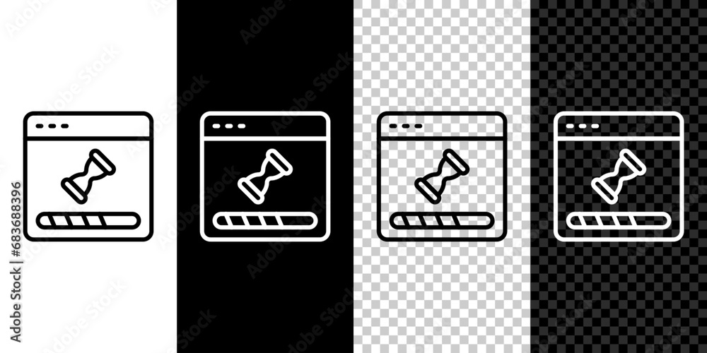 Poster set line loading a data window with a progress bar icon isolated on black and white, transparent bac