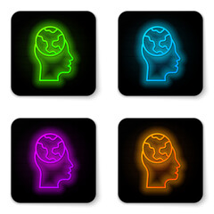 Glowing neon line Learning foreign languages icon isolated on white background. Translation, language interpreter and communication. Black square button. Vector