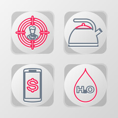 Set line Water drop with H2O, Smartphone dollar, Kettle handle and Head hunting icon. Vector