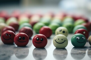 Different emotions to people, in the style of light maroon and green, rounded shapes