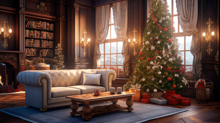 Festive living room with large window, sofa with cushions, bookcase, gift boxes and decorated Christmas pine tree. Warm cozy evening celebrations, winter holidays Christmas and New Year.