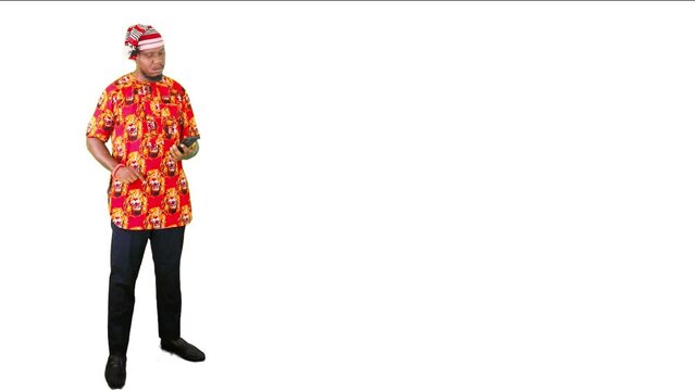 Full sided man standing, typing, scrolling up and down in other to understanding the product or service being marketed.