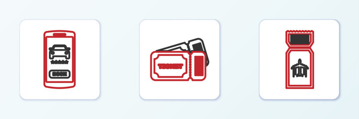 Set line Airline ticket, Online car sharing and Ticket icon. Vector