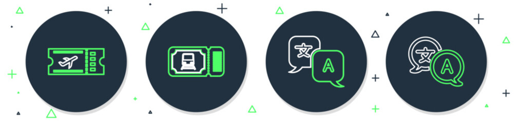 Set line Train ticket, Translator, Airline and icon. Vector