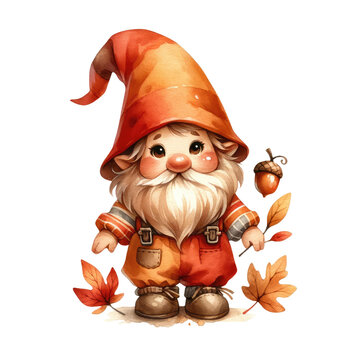 watercolor gnome autumn leaves acorn clip art preview