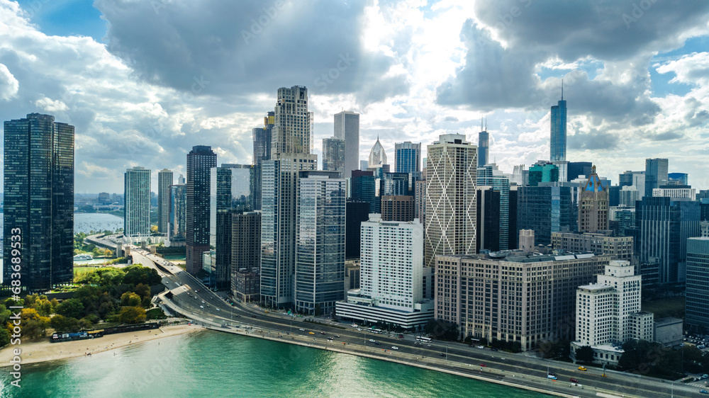 Wall mural Chicago skyline aerial drone view from above, city of Chicago downtown skyscrapers and lake Michigan cityscape, Illinois, USA
