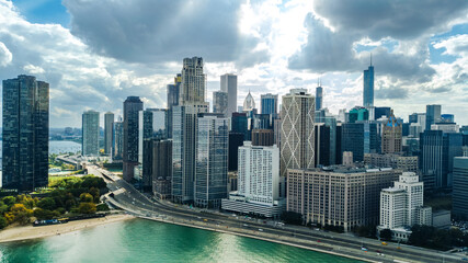 Naklejka premium Chicago skyline aerial drone view from above, city of Chicago downtown skyscrapers and lake Michigan cityscape, Illinois, USA 