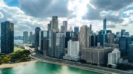 Foto auf Leinwand Chicago skyline aerial drone view from above, city of Chicago downtown skyscrapers and lake Michigan cityscape, Illinois, USA  © Iuliia Sokolovska