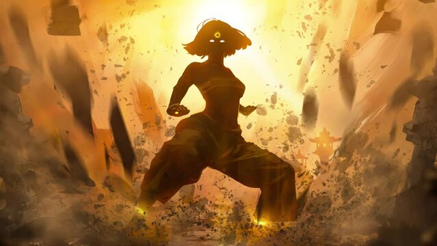 Slender girl kung fu master wielding the power of the elements of the earth, in a low fighting stance mabu She is overwhelmed by the power from which the stones around fly up erasing into dust. 2d art