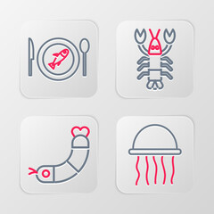 Set line Jellyfish, Shrimp, Lobster and Served on a plate icon. Vector