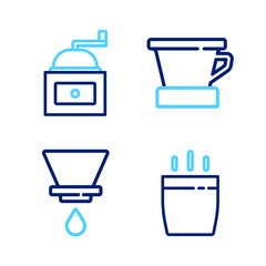 Set line Coffee cup, V60 coffee maker, and Manual grinder icon. Vector