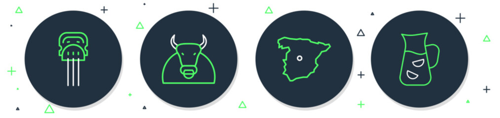Set line Bull, Map of Spain, Peineta and Sangria icon. Vector