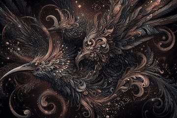 Bird's Flight: Intricate Artistic Ornamentation on Black Background
