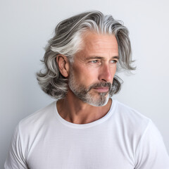 a man with grey hair standing on a white background