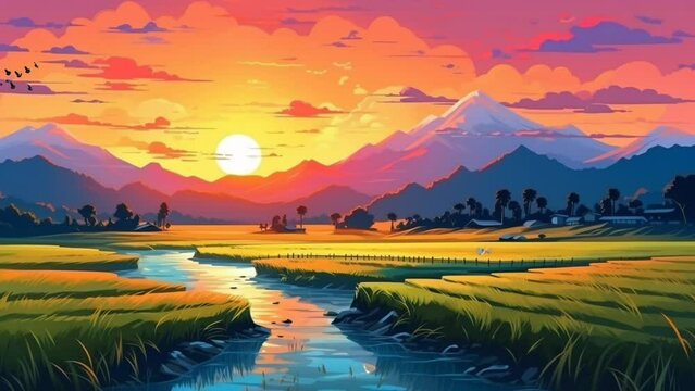Natural scenery by the rice field at sunset. seamless looping virtual video animation background, cartoon ilustration style. Generated with AI