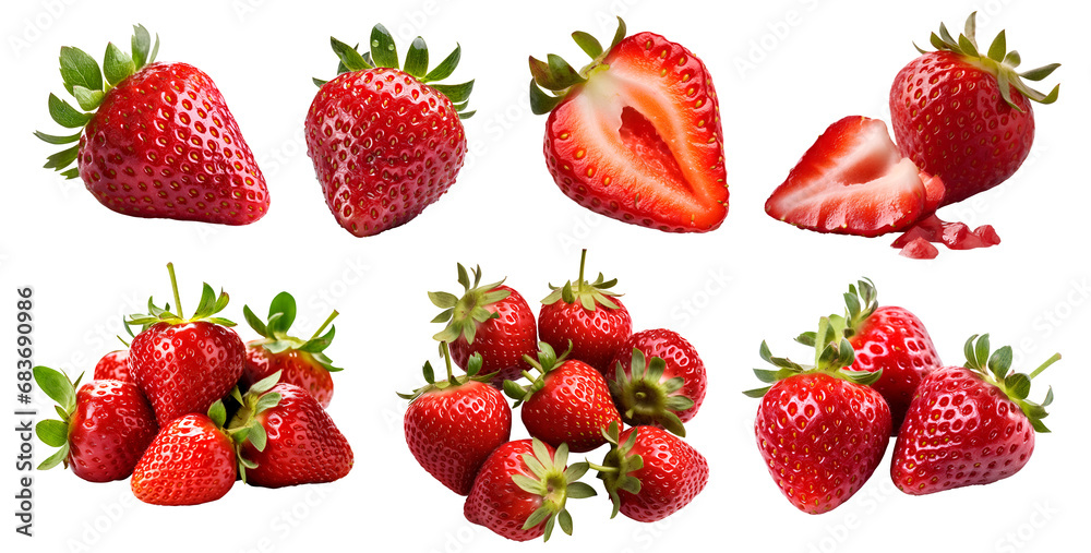 Wall mural strawberry strawberries, many angles and view side top front sliced halved group cut isolated on tra - Wall murals