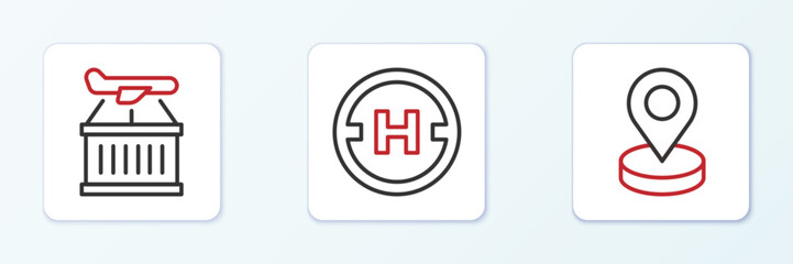 Set line Location, Plane and Helicopter landing pad icon. Vector