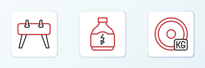 Set line Weight plate, Pommel horse and Sports nutrition icon. Vector