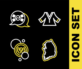 Set line Kimono, South Korea map, Korean won coin and flag icon. Vector