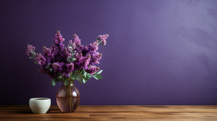 A glass vase filled with purple flowers on a wooden wall