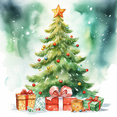 Christmas tree watercolor illustration Winter collection, painting, wet, gift, ginger bread, sky