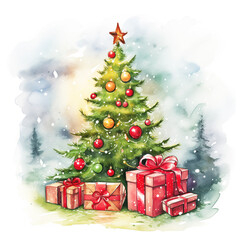 Fototapeta na wymiar Christmas tree watercolor illustration Winter collection, painting, wet, gift, ginger bread, sky