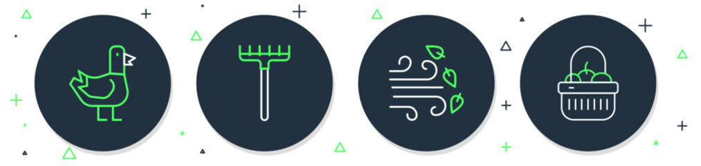 Set line Garden rake, Windy weather, Dove and Basket and food icon. Vector