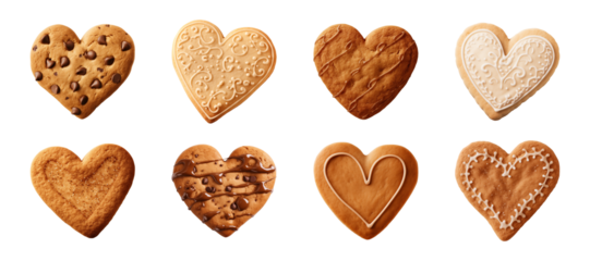Collection set of heart-shaped cookies or biscuits isolated on a transparent background