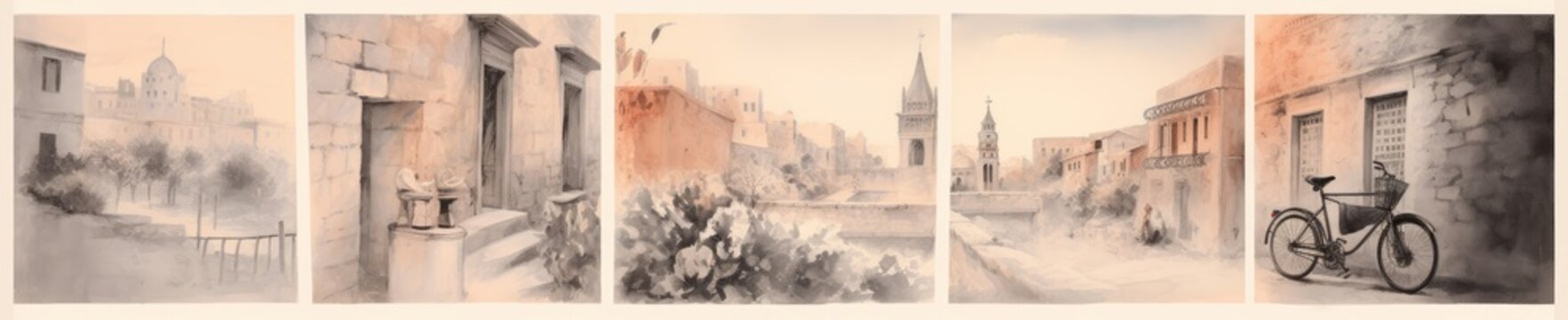 Vintage aquarelle painting of old city, Generative AI