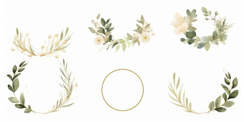 Luxury botanical gold wedding frame elements on white background. Set of polygon, circle, glitters, eucalyptus leaves, leaf branches. Elegant foliage design for wedding, card, invitation,Generative AI