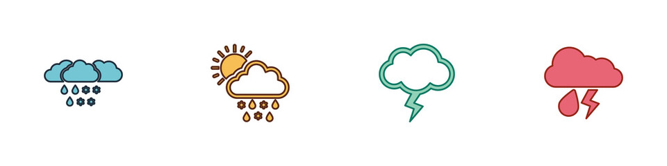 Set Cloud with snow and rain, snow, rain, sun, Storm and lightning icon. Vector