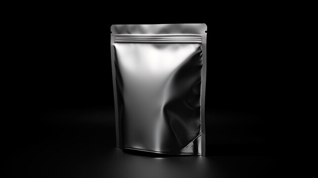 blank aluminum foil pouch isolated on black background.