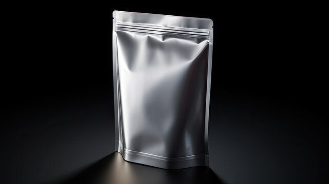 blank aluminum foil pouch isolated on black background.