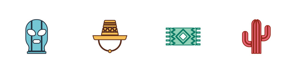 Set Mexican wrestler, sombrero, carpet and Cactus icon. Vector