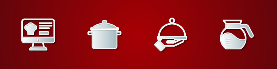 Set Online ordering and delivery, Cooking pot, Covered with tray of food and Coffee icon. Vector