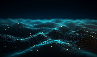 Data technology futuristic illustration. Wave of bright particles. Technological 3D landscape. Big data visualization. Network of dots connected by lines. Abstract digital background. 3d,Generative AI