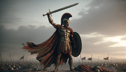 Spartaner hält sein Schwert hoch, Sieg - obrazy, fototapety, plakaty