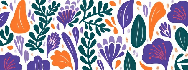 Colorful botanical background . Abstract natural hand drawn pattern design with flower, leaves, branch. Simple contemporary style illustrated Design for fabric, print, cover, banner, Generative AI