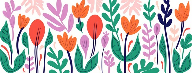 Colorful botanical background . Abstract natural hand drawn pattern design with flower, leaves, branch. Simple contemporary style illustrated Design for fabric, print, cover, banner, Generative AI