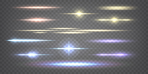 Light flares. Neon shine, glow, speed sparkle rays, blue streak or beam, bright luminous splashes. Blurred motion isolated on transparent background isolated elements. Digital technology