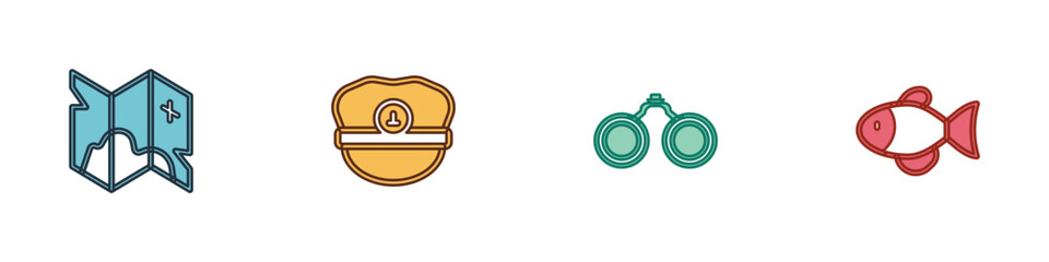 Set Pirate treasure map, Captain hat, Binoculars and Fish icon. Vector
