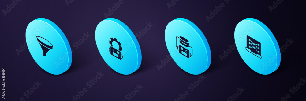 Poster Set Isometric Neural network, Artificial intelligence robot, Robot setting and Funnel filter icon. Vector