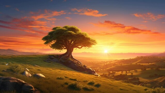 Natural scenery by the hill at sunrise. seamless looping virtual video animation background, cartoon ilustration style. Generated with AI