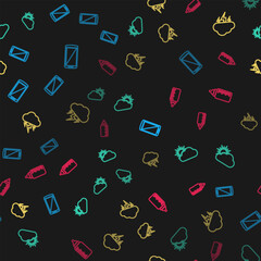 Set line Smartphone, mobile phone, Sun and cloud weather, Storm and Baby bottle on seamless pattern. Vector