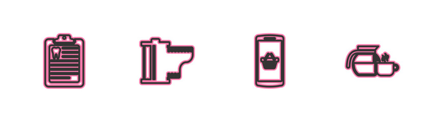 Set line Clipboard with dental card, Shopping basket on mobile, Camera film roll cartridge and Coffee pot cup icon. Vector