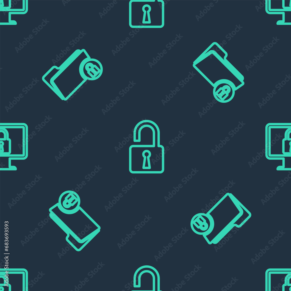 Poster set line open padlock, folder and and lock on monitor on seamless pattern. vector