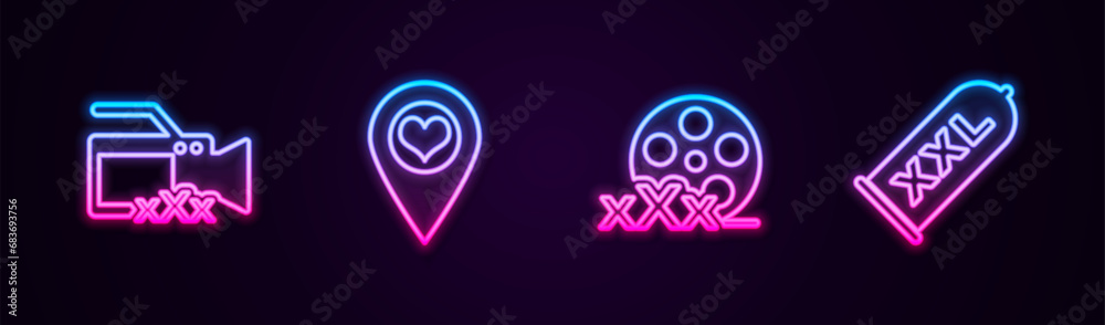 Poster Set line Video camera with Sex, Location heart, Film reel and Condom safe sex. Glowing neon icon. Vector