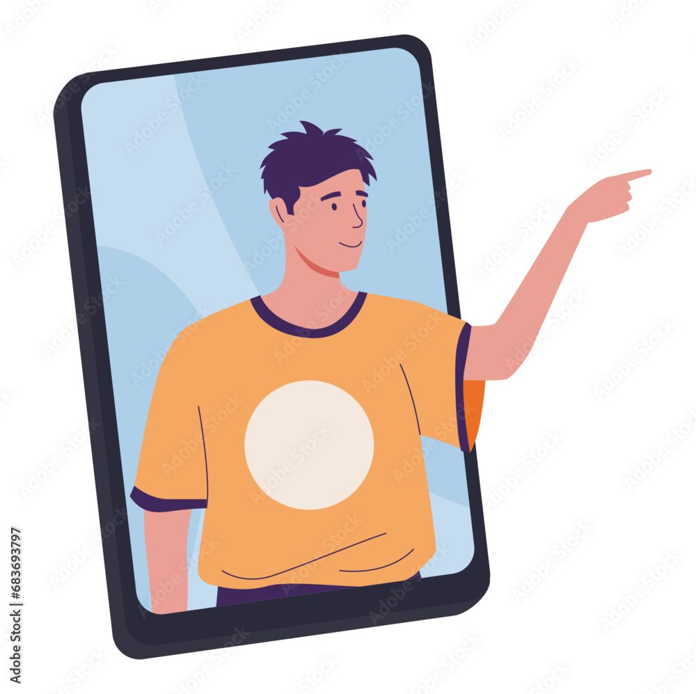Aufkleber phone video call. young man at smartphone screen. communication technology. mobile application. guy 